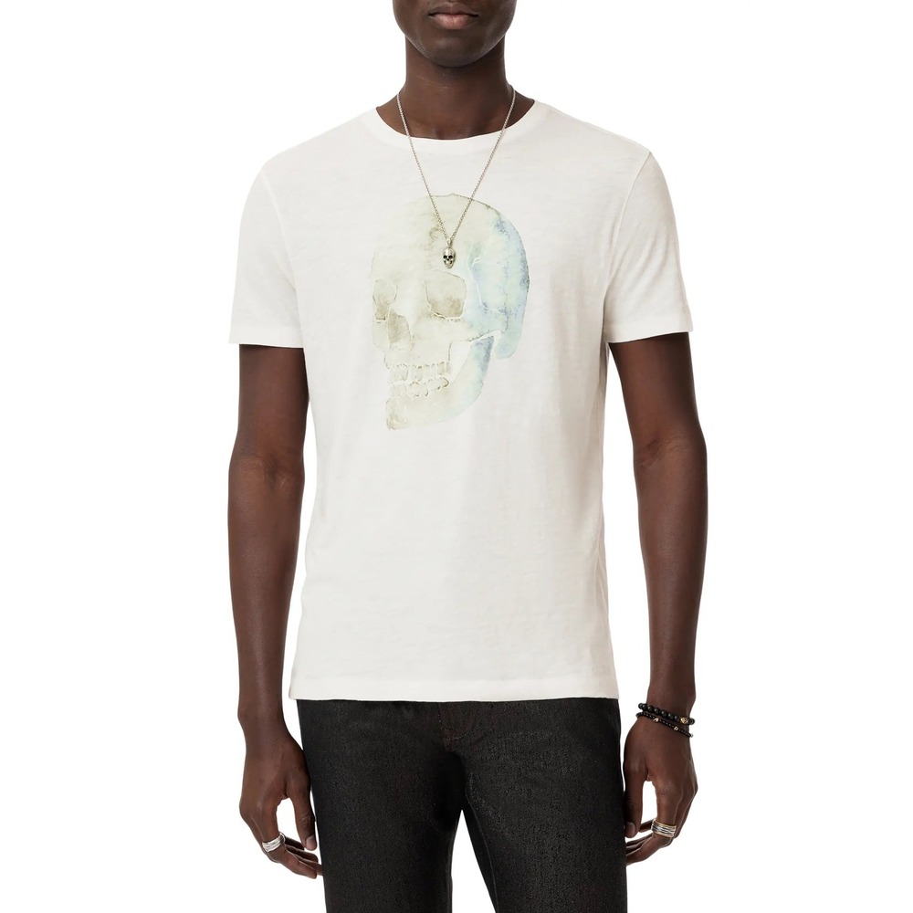 John Varvatos Watercolor Skull Graphic Crew T Shirt Mens Large White Pima Cotton